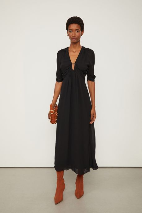 Vestido De Georgette Midi Com Decote v Preto Preto - 36