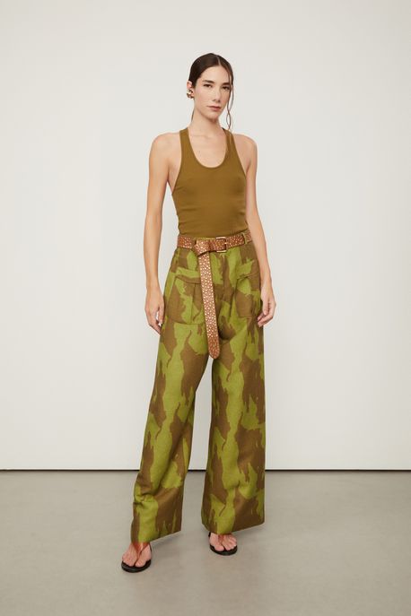 Calça Pantalona Com Linho Estampada Est Camuflado Flor Bamboo e Figo p - 38