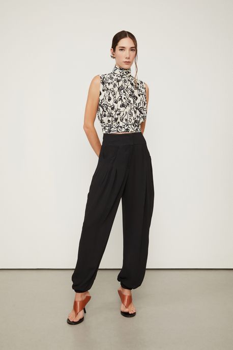 Calça De Georgette Com Cós Largo Preto Preto - 42