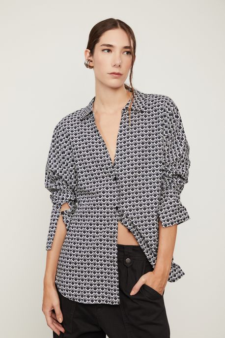 Camisa Manga Longa Oversized De Algodão Estampada Est Grav Quadri Off e Preto - 38