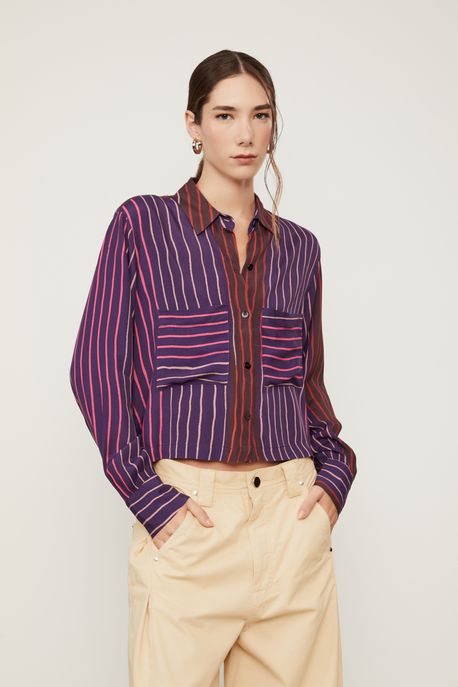 Camisa Manga Longa Cropped De Viscose Estampada Est Listra Gress Color - 40