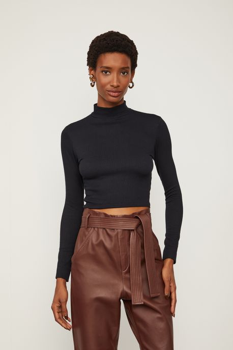 Blusa Gola Alta Canelada Off Preto - M