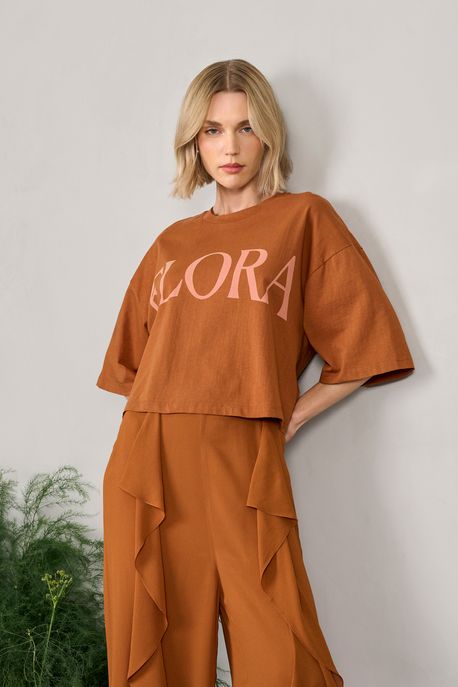 t Shirt De Malha Cropped Marrom Com Silk Flora Marrom Biscoito - PP