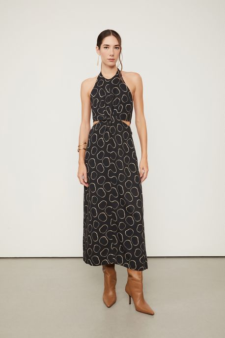 Vestido Midi Sem Manga Recorte Na Cintura De Viscose Estampado Est Pois Aro Preto e Marzipan - 42