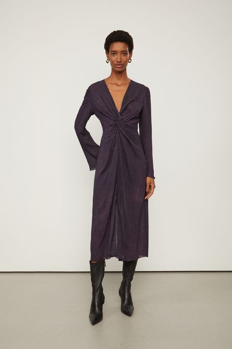 Vestido De Georgette Midi Com Torcido Estampado Est Pois Dots Preto e Plum p - 44