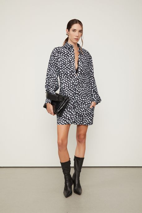 Vestido Chemise Curto Manga Longa Com Amarração Com Linho Estampado Est Pois Rastro Preto e Pale - 44