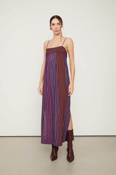 Vestido Midi De Alcinha Reto De Viscose Estampado Est Listra Gress Color - 38