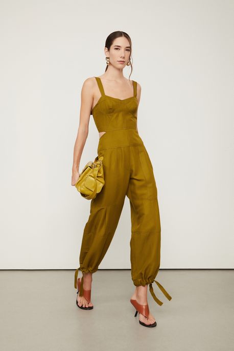 Macacão Alça Larga Amarração Na Barra Com Linho Verde Verde Figo - 36