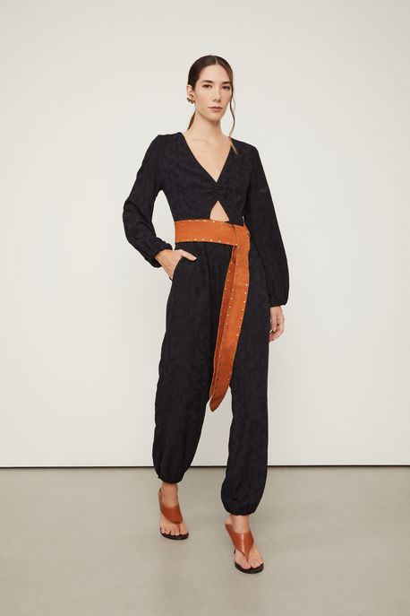 Macacão Manga Longa Cenoura Jacquard De Viscose Preto Preto - 36