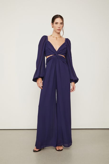 Macacão Longo De Georgette Com Cut Azul Azul Eclipse - 34