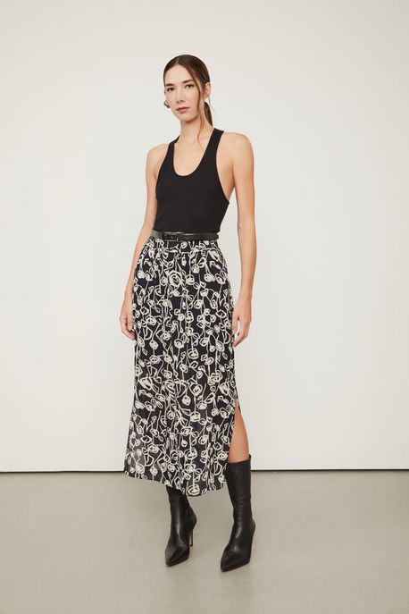 Saia De Georgette Midi Reta Estampado Est. Floral Rosa Preto e Off - 38