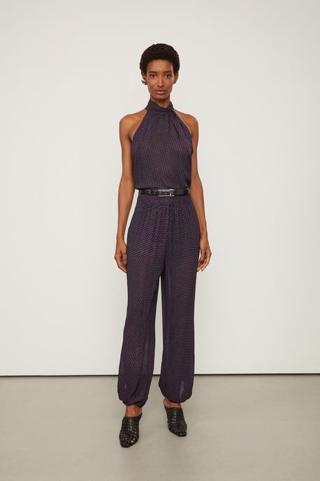 Calça De Georgette Com No Lateral Estampado Est Pois Dots Preto e Plum p - 42