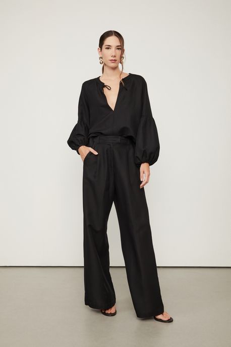 Calça Pantalona Basic Com Linho Off White Preto - 44