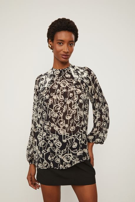 Bata De Georgette Bicolor Estampado Est Floral Rosa Preto e Off/Est Floral r - 40