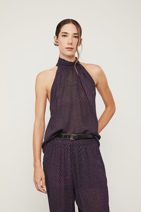 Blusa De Georgette Com Gola Alta Estampado Est Pois Dots Preto e Plum p - 40