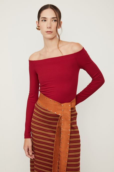 Blusa De Malha Ombro a Ombro Marrom Ruibarbo Marrom Ruibarbo - PP