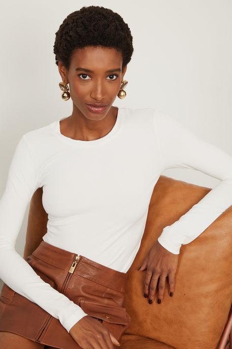 Blusa Malha Manga Longa Basic Off White - GG