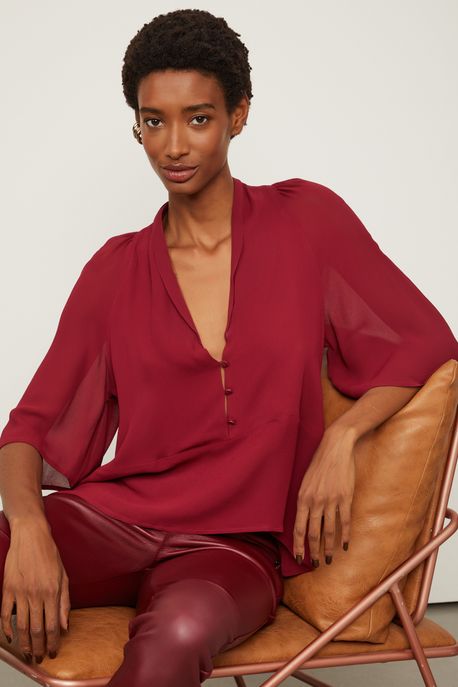 Blusa De Georgette Com Detalhe De Botões Marrom Marrom Ruibarbo - 42