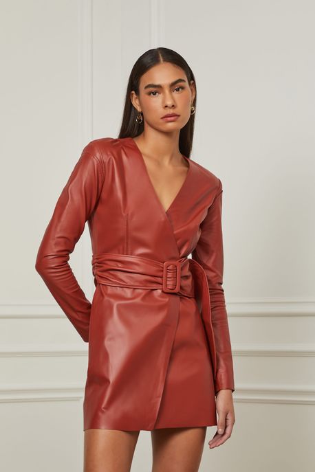 Vestido De Couro Curto Fivela Forrada Vermelho Terroso - 42