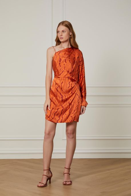 Vestido De Seda Curto Um Ombro Só Manga Longa Estampado Est Textura Casca Color g - 36