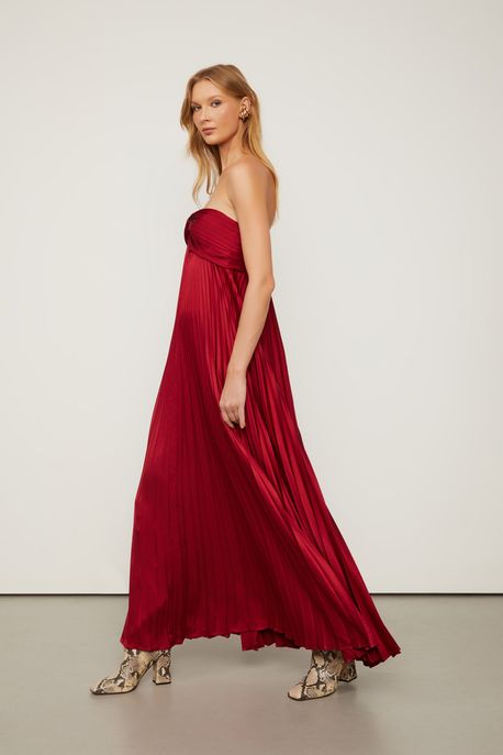 Vestido Longo Sem Alças Plissado Marrom Ruibarbo - 40