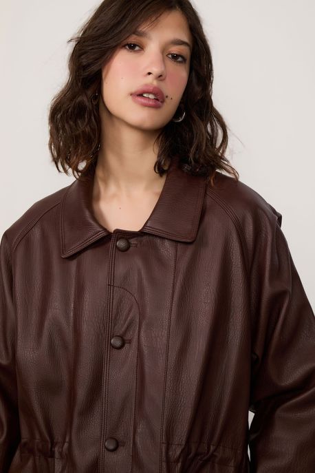 Jaqueta Like Leather Alongada Marrom Café - G
