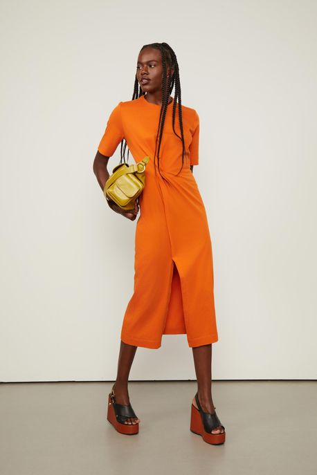 Vestido Midi Entrelaco Manga Curta Laranja Queimado - P