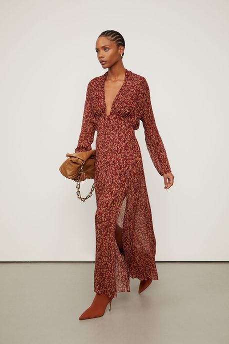 Vestido De Georgette Leve Longo Manga Longa Estampado Com Fenda Est Onca Reticula Ruibarbo e Doe - 42