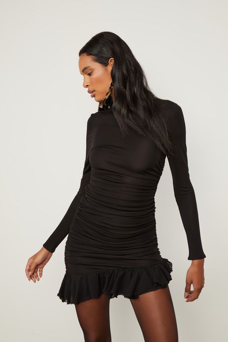 Vestido De Jersey Curto Preto Babados Preto - 38