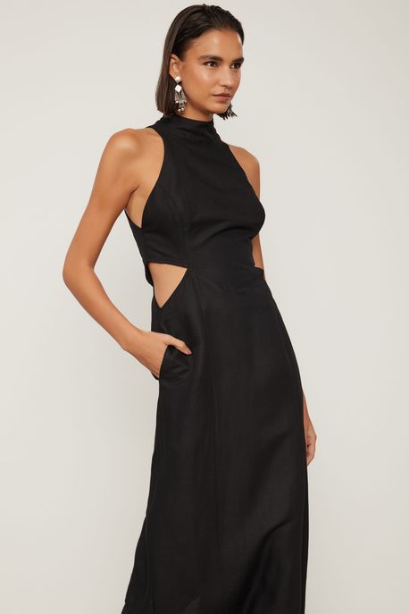 Vestido Midi Sem Manga Gola Alta Recorte Na Cintura Com Linho Preto Preto - 44