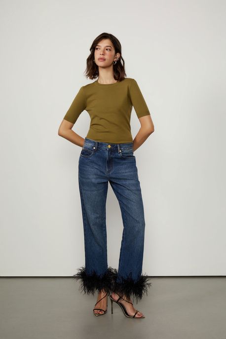 Blusa De Tricot Básica Com Decote Redondo Verde Figo - PP
