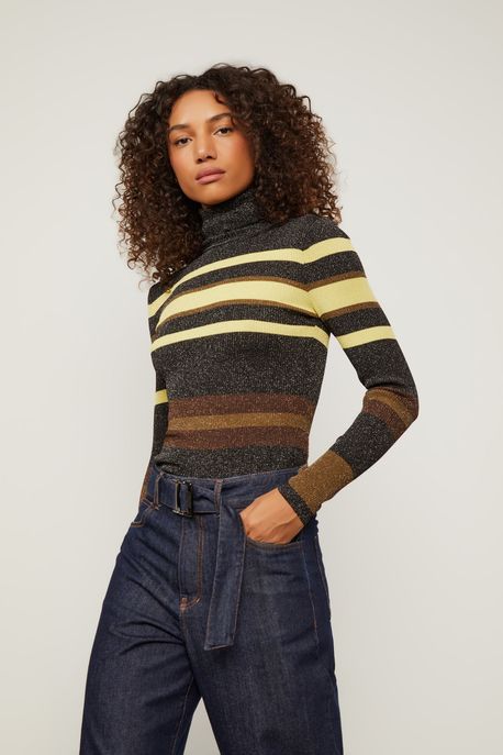 Blusa De Tricot Lurex Gola Alta Listras Contrastantes Preto/ Amarelo/ Marrom - GG