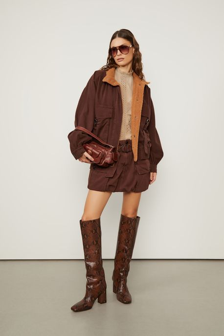 Jaqueta De Sarja Over Maxi Bolsos Marrom Cafe - M