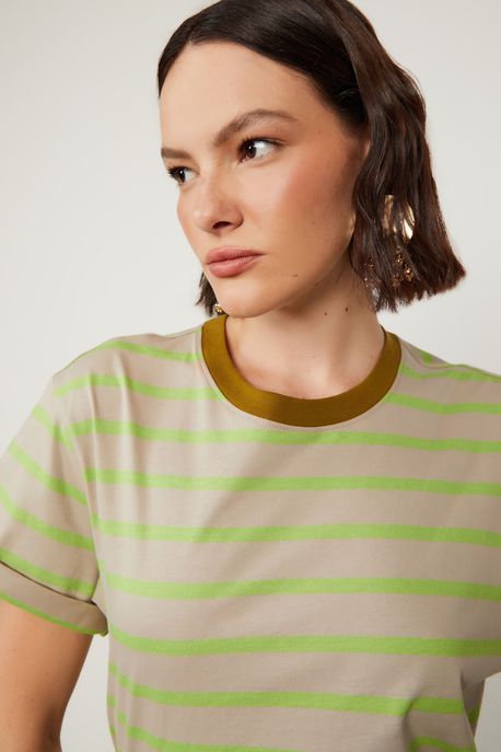 T-Shirt De Fio Tinto Listrada Listrado Bege/Verde Chicoria/Verde Figo - G