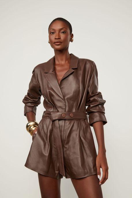 Macacão Curto De Couro Marrom Café - 36