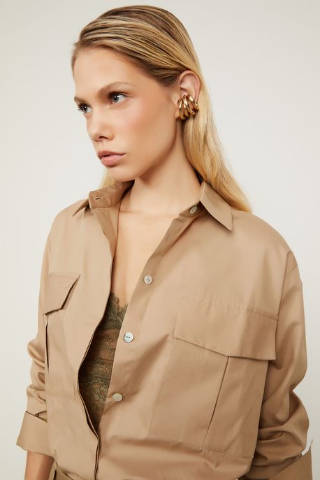Camisa Tricoline Bolso Com Tampa Bege Cashmere - P