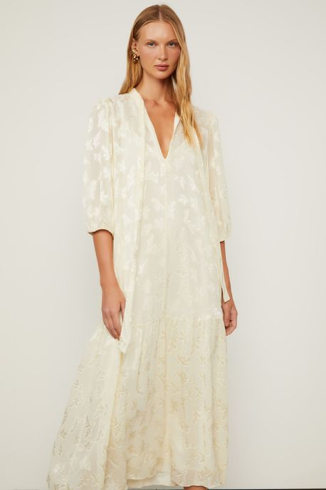 Vestido De Jacquard Midi Bege Decote v Bege Manhã - 38