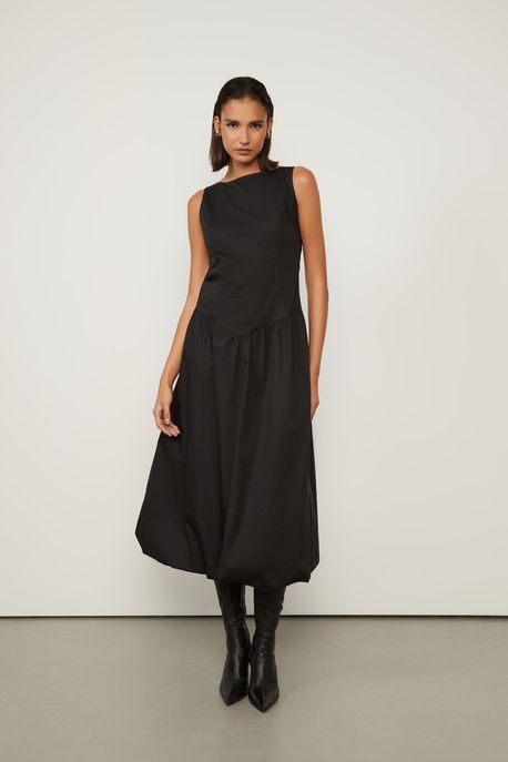 Vestido Sem Manga Midi De Tricoline Preto - 38