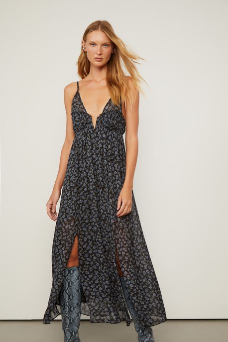 Vestido Midi Floral Com Detalhe No Busto Est Floral Seco Azul e Preto - 42