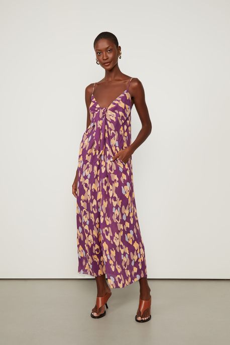 Vestido De Georgette Leve Midi Amarração Estampado Est Onca Urbana Plum - 42