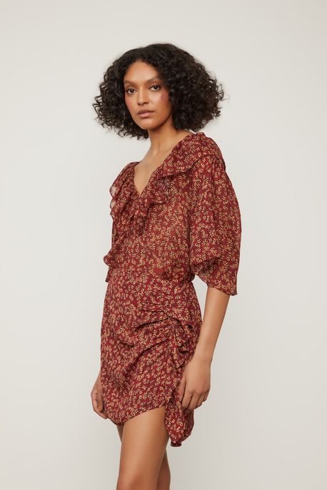 Saia De Georgette Pesado Curta Estampada Babados Est Onca Reticula Ruibarbo e Doe - 40