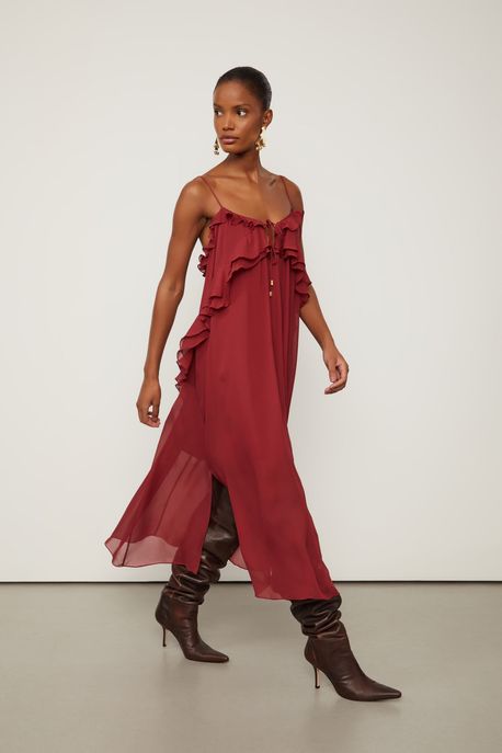 Vestido De Georgette Leve Midi De Alça Marrom Babados Marrom Ruibarbo - 44