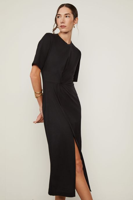 Vestido Midi Entrelaco Manga Curta Preto - P
