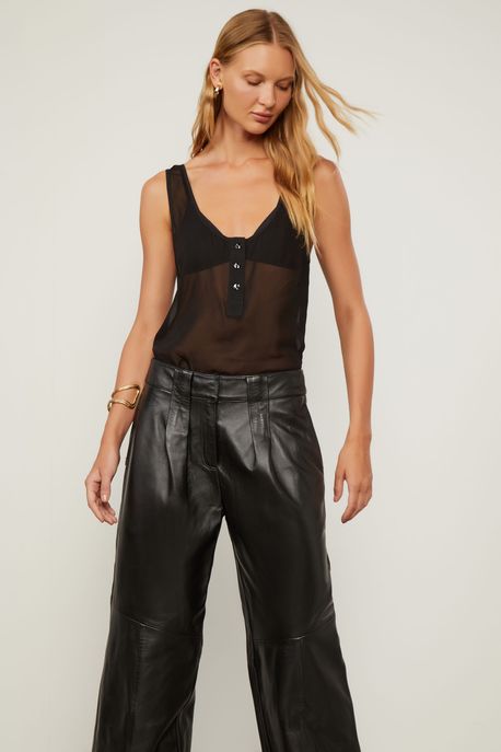 Calça De Couro Alfaiataria Com Pregas Preto - 40