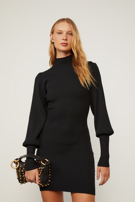 Vestido De Tricot Curto Com Manga Volumosa Preto - P