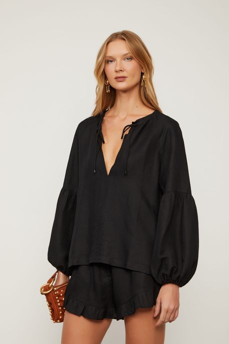 Bata Manga Longa Decote v Com Linho Preta Preto - 40