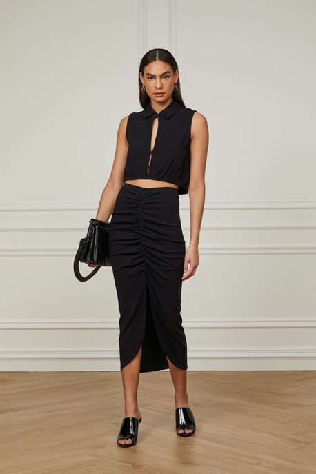 Blusa Com Gola Textura Preta Preto - M
