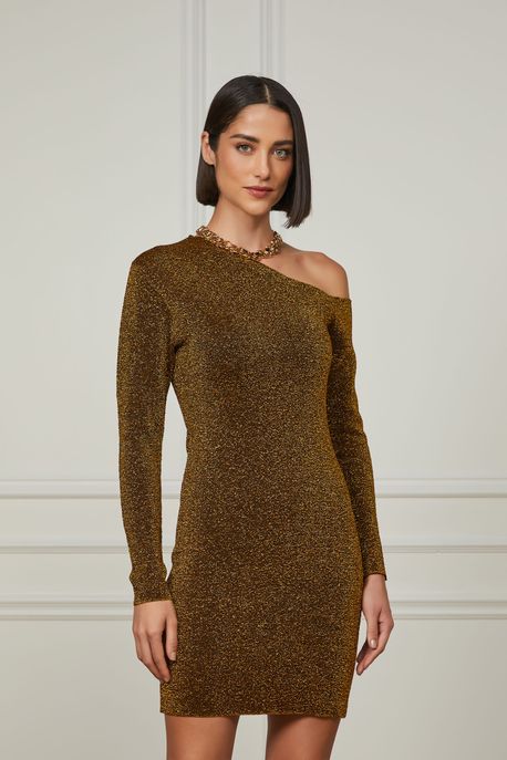 Vestido De Tricot Curto Com Decote Assimétrico e Lurex Dourado Dourado - G