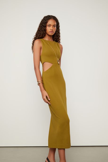 Vestido De Malha Crepe Verde Midi Detalhe Vazado Verde Figo - M