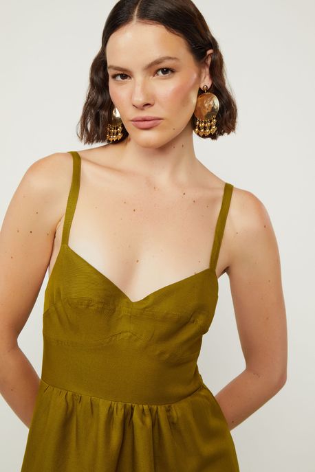 Vestido Midi De Alça Com Linho Verde Verde Figo - 44
